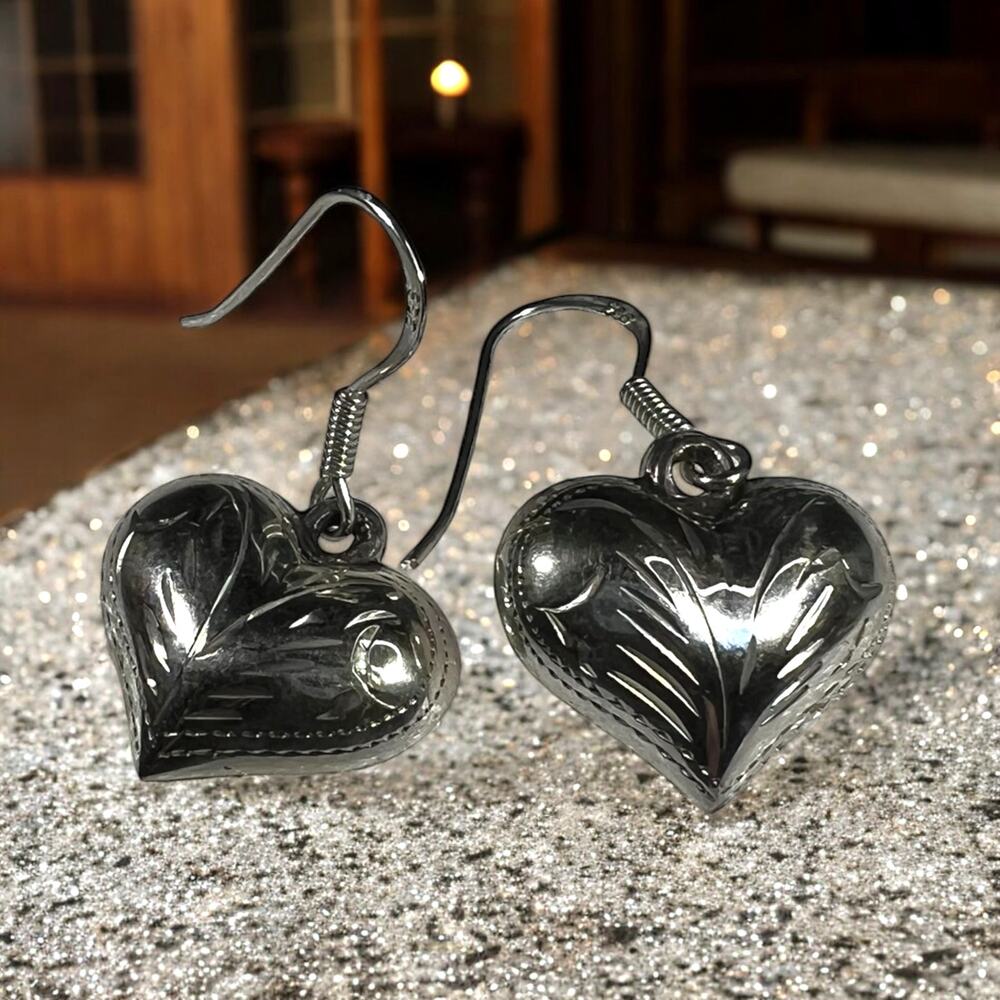 Sterling Silver Etched Puff Full Flat Back Heart French Wire Earrings Western